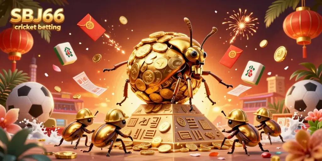 Engage in SBJ66 cricket betting with dynamic visuals of beetles and gold elements in a vibrant scene.
