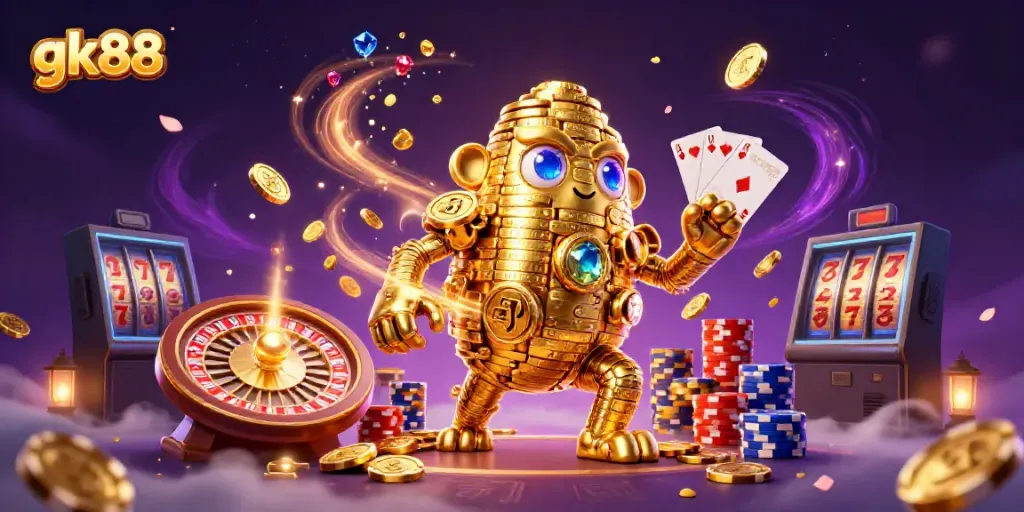 Experience gk88's thrilling casino adventure with sparkling coins and vibrant gaming elements.