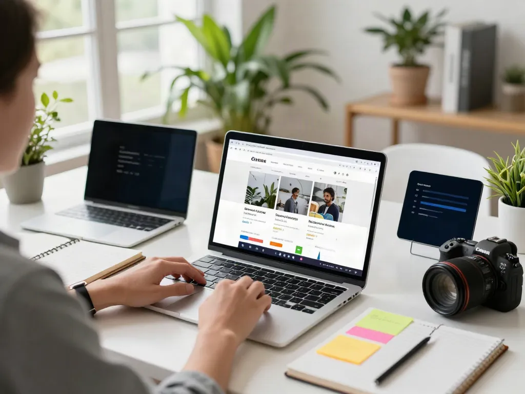 Focused user exploring 사이트모음 in a bright, engaging workspace
