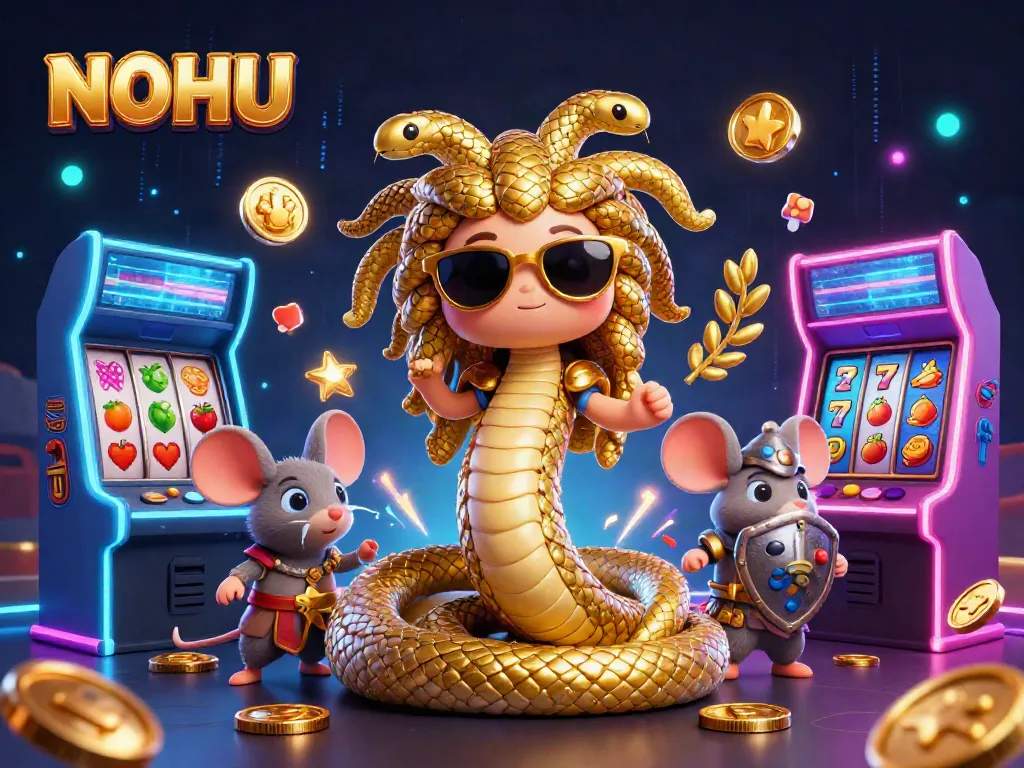 Engage with the thrilling slots and jackpots at NOHU, featuring lively 3D characters and arcade machines.