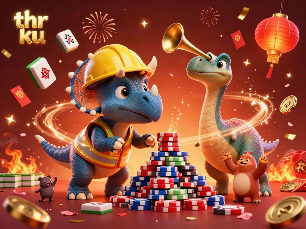 Experience thrilling gameplay in a vibrant casino scene with thr ku, as characters build poker chip towers.