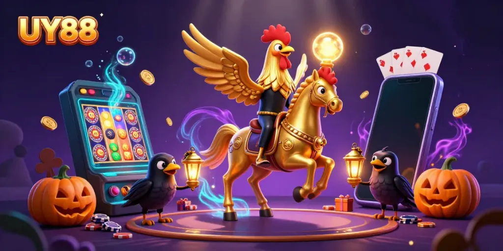 Experience thrilling gameplay at UY88 with a dazzling scene depicting a golden rooster and friends in a vibrant casino atmosphere.