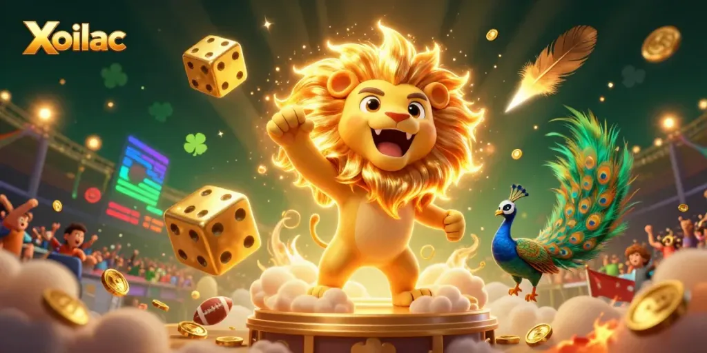 Xoilac captures the excitement of sports betting with vibrant visuals of a lion, dice, and football dynamics.