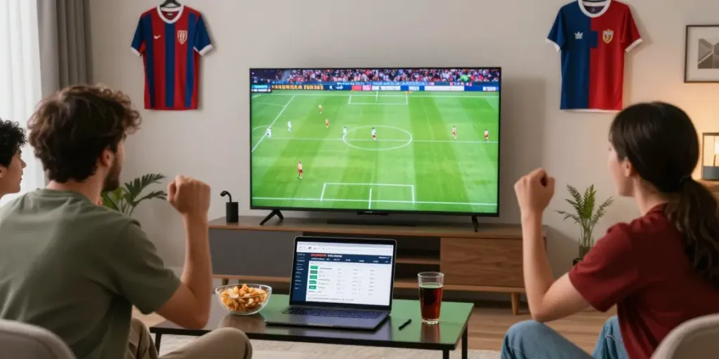Friends enjoying a live soccer match while engaging on WWBOLA for betting.