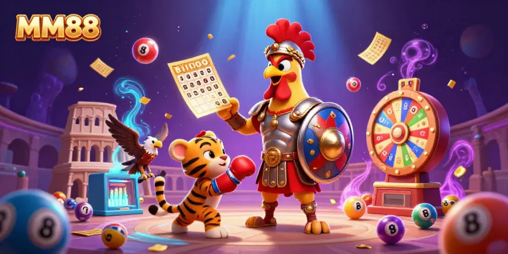 MM88 gladiator rooster and tiger cub in a colorful lottery scene with dynamic gaming elements.