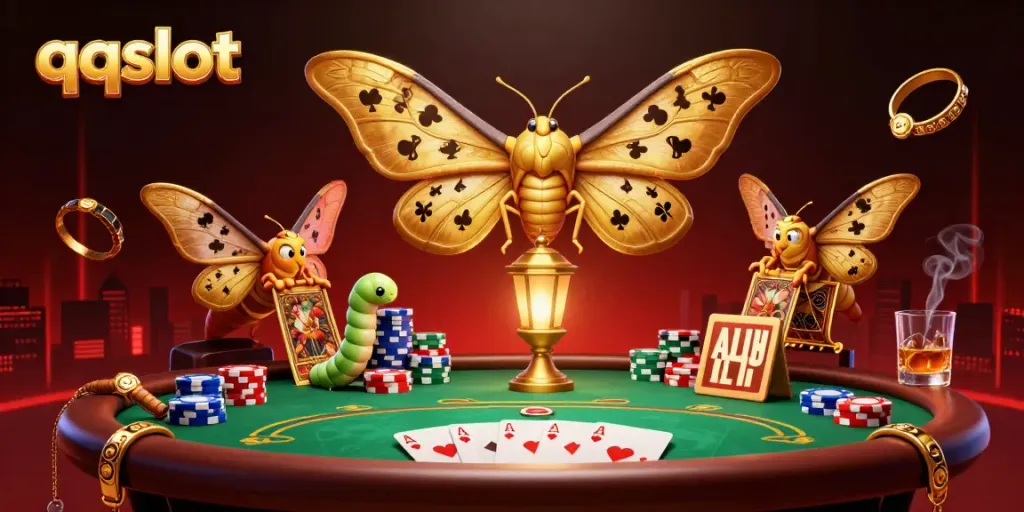 Engage in thrilling qqslot experiences surrounded by dynamic casino elements and vibrant gaming scenes.