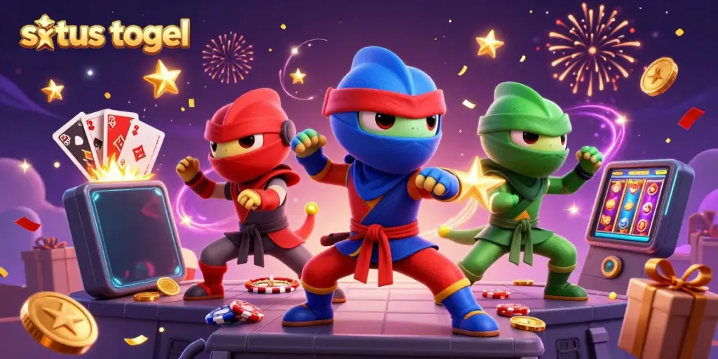 Synchronized martial arts display by a team of chameleon ninjas with a colorful slot game on their smartphone, embodying situs togel excitement.