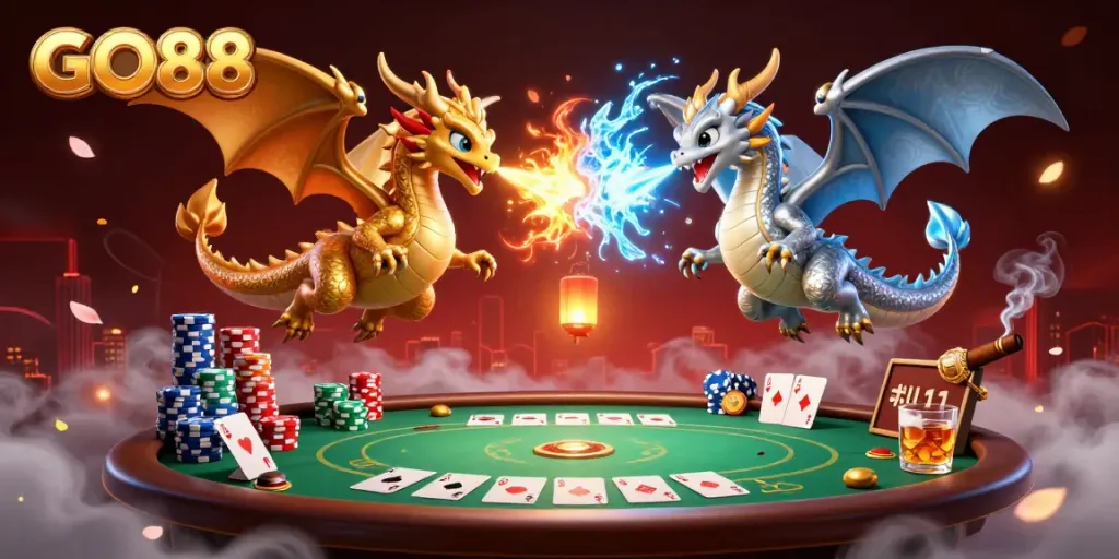 Experience the thrill of GO88 with dragons and dynamic poker elements in this vibrant casino scene.