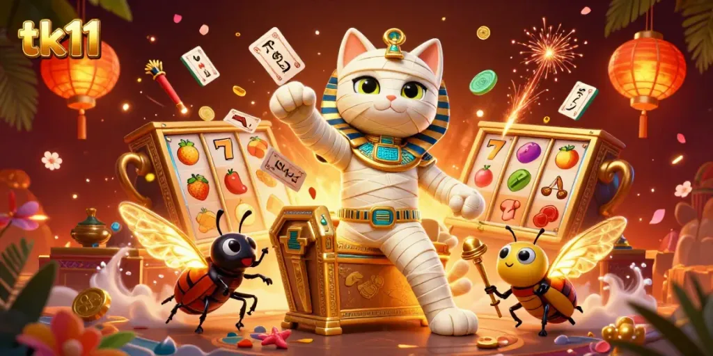 Engage with the vibrant casino world of tk11, featuring an Egyptian mummy cat and golden sarcophagus.