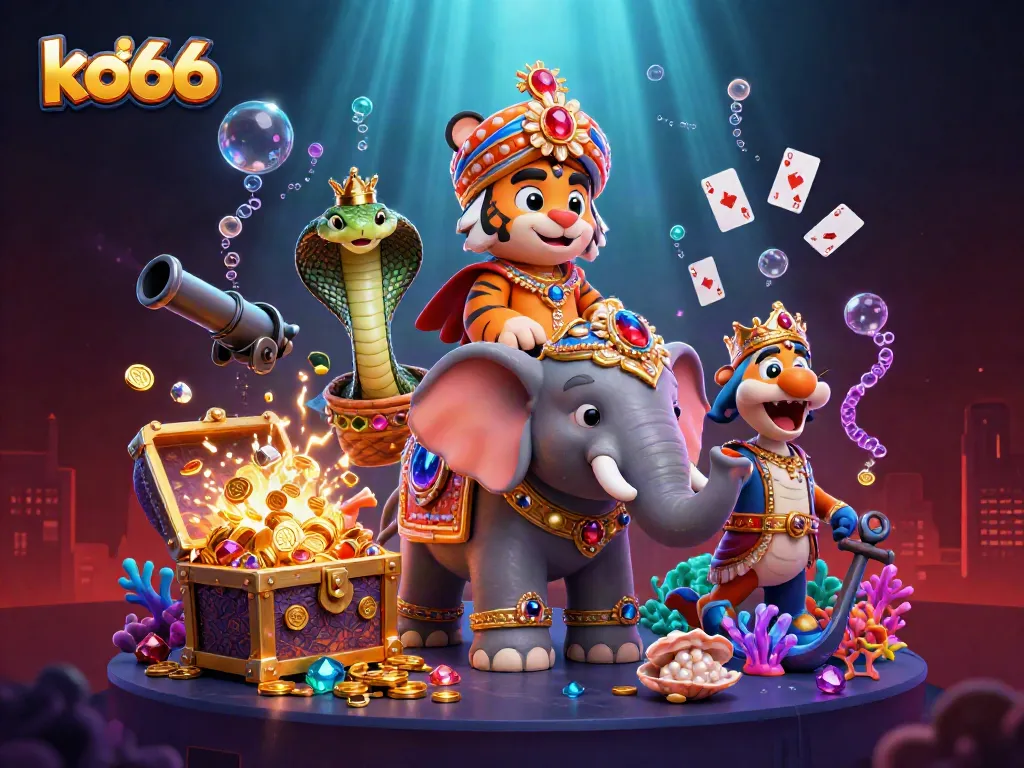 Experience the thrill of winning with ko66 at this vibrant online casino scene, featuring colorful characters and gaming elements.