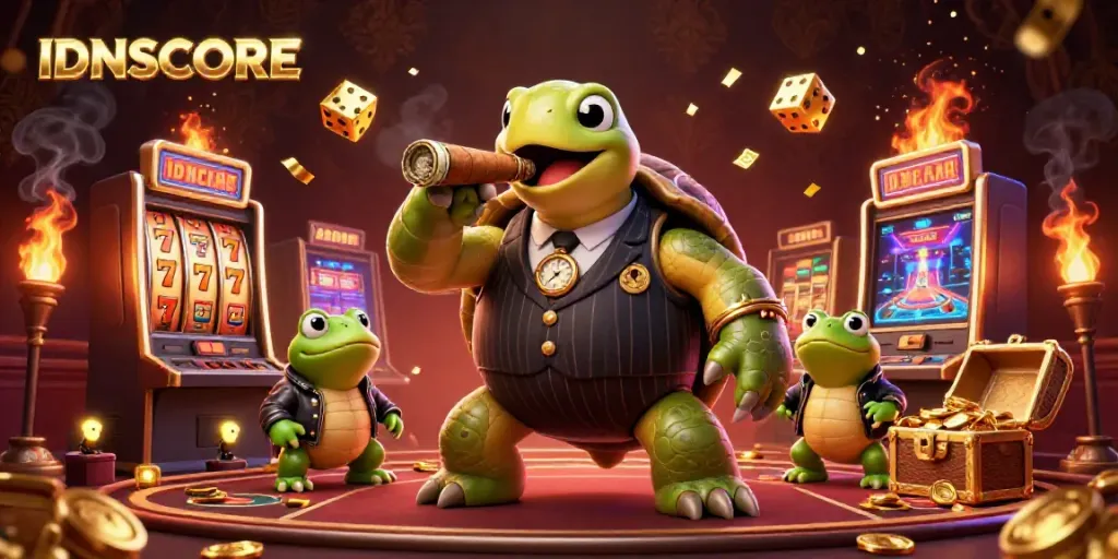 Experience IDNSCORE with a vibrant 3D casino scene featuring a snapping turtle mobster and jackpot elements.