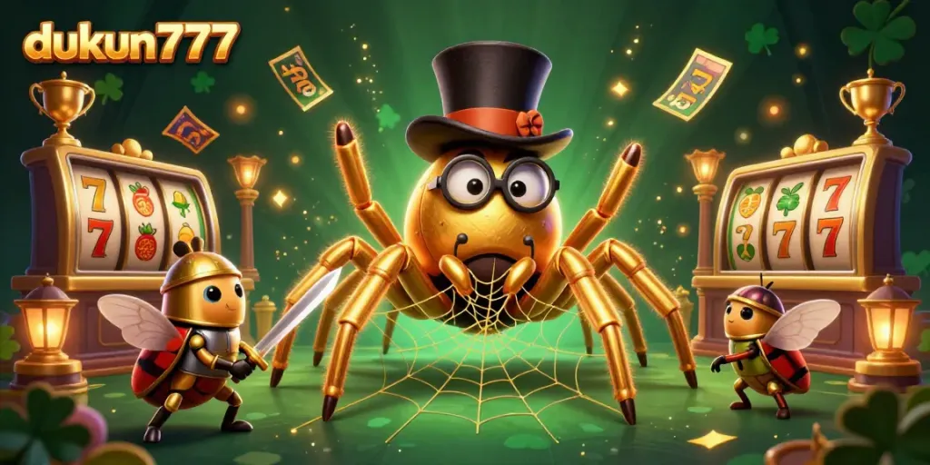 Experience luck at dukun777 with a giant golden tarantula and a tiny beetle knight amidst dynamic casino elements.