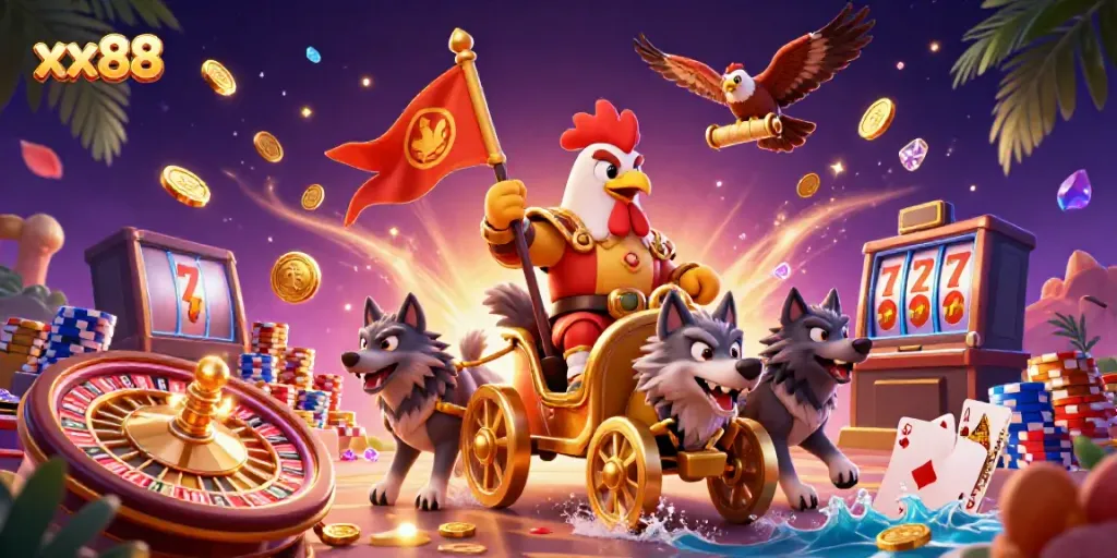 Engage in thrilling action at xx88 with a rooster warlord and dynamic casino elements.