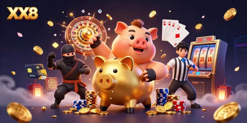 Engage in thrilling casino action with the animated XX8 sumo wrestler, surrounded by vibrant gaming elements.