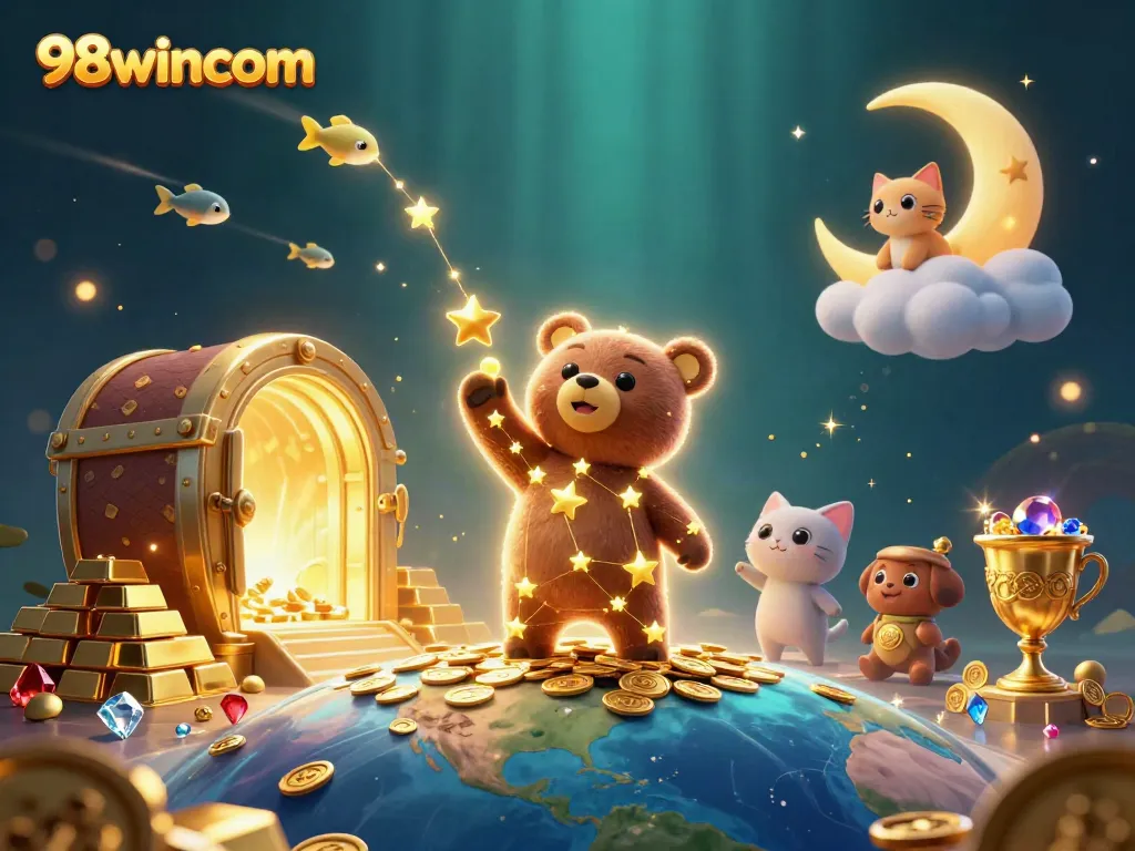 Experience excitement at 98wincom with constellation bear gambling for coins amidst gold treasures.