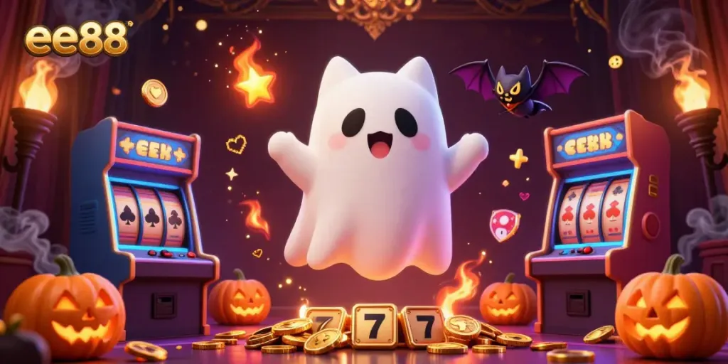 Engage in thrilling gameplay with ee88, featuring a ghost cat and vampire bat in a luxurious haunted casino atmosphere.