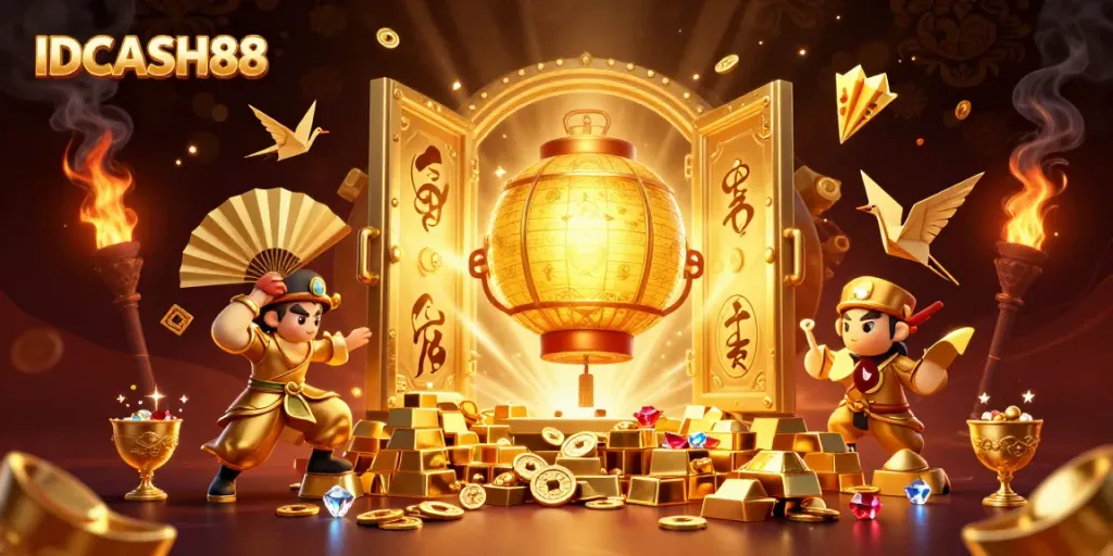 Experience winning moments with IDCASH88 in a vibrant night market casino scene filled with golden treasures.