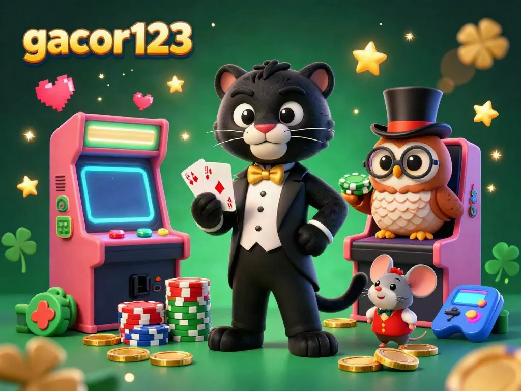 Experience the excitement of gacor123 with a stylish black panther elegantly dealing cards in a vibrant casino scene.