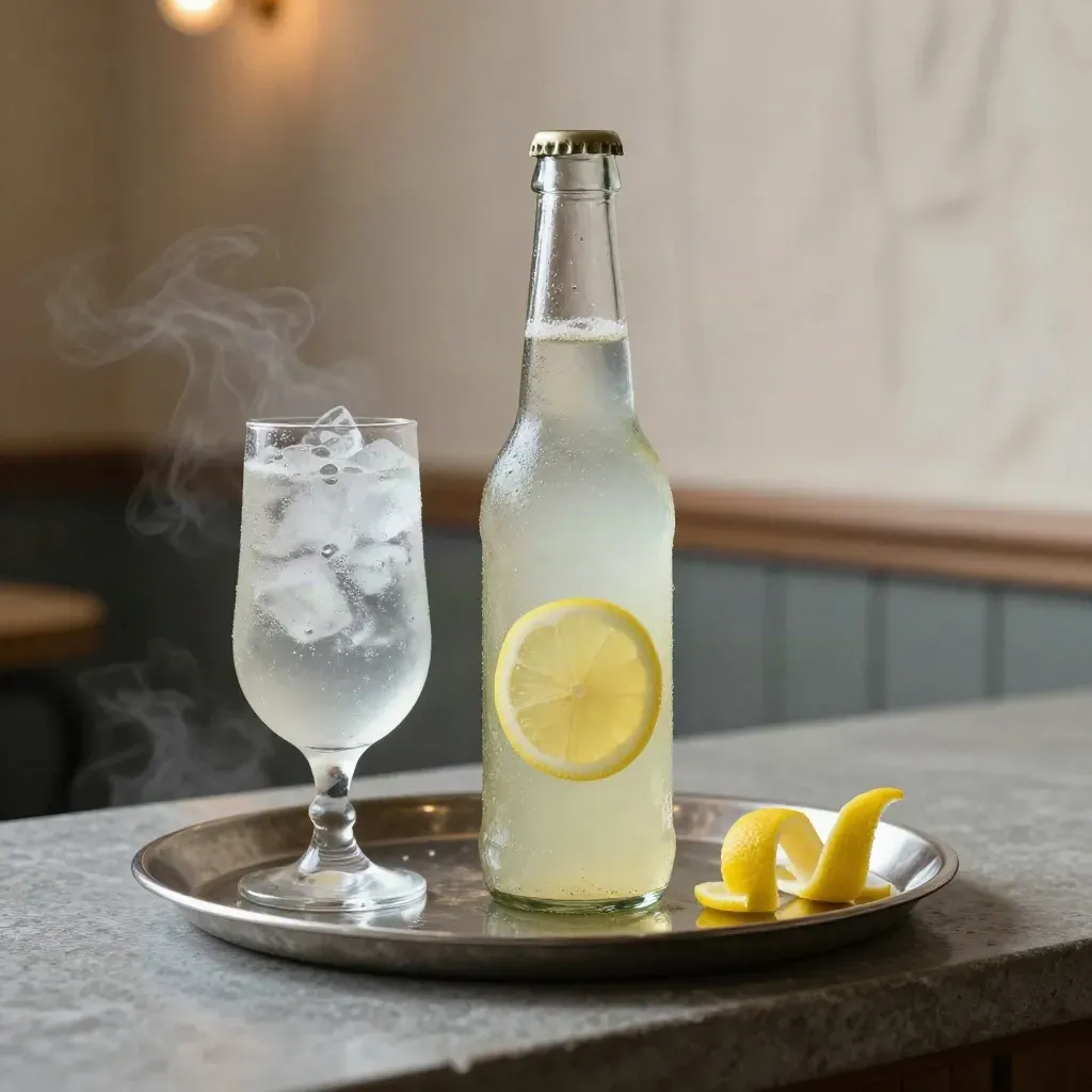 Chilled lemon soda bottle in crushed ice beside a sweating glass and curled lemon twists.