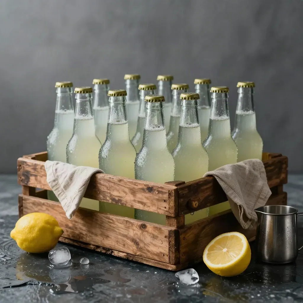 Chilled lemonade bottles in an oak crate with lemons, ice, and barware on rain-dark slate.
