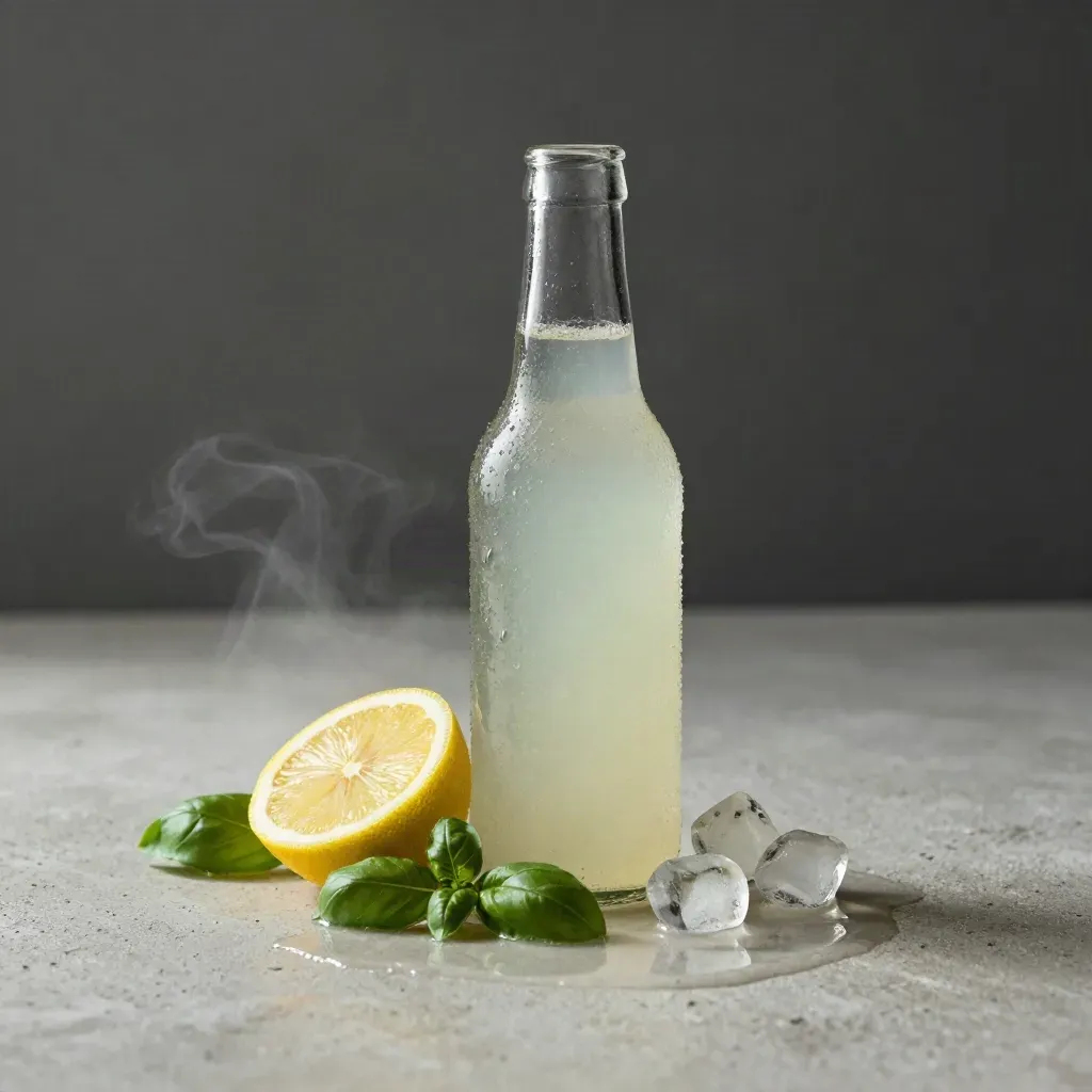 Unlabelled lemonade bottle in meltwater with lemon, basil and ice on pale stone.