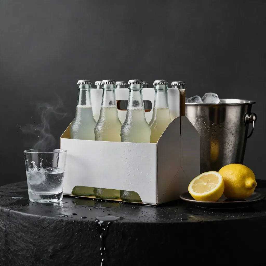 Unbranded sparkling lemon soda case, chilled tumbler, ice bucket, and lemon wheels in a dramatic dark studio.