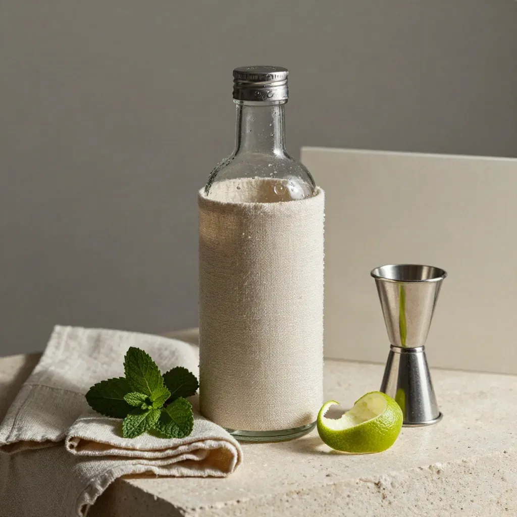 Linen-wrapped lemon mint mixer bottle with mint, lime peel, and a jigger in soft daylight.