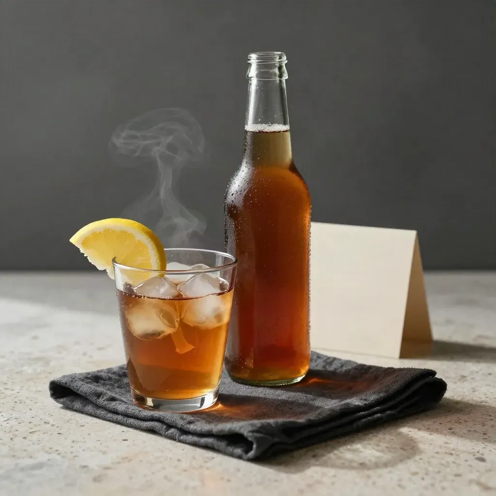 Amber iced tea bottle and glass with lemon wheel and ice on travertine, soft mist, charcoal linen.