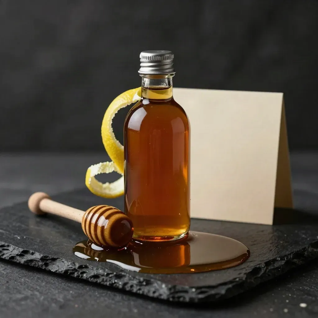 Unlabelled honey lemon syrup bottle with dipper, peel ribbon and amber spill on dark stone.