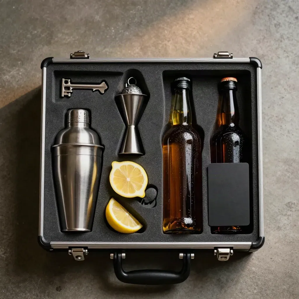 Overhead flatlay of an open citrus bar kit case with tools, wedges, and bottles on charcoal concrete.