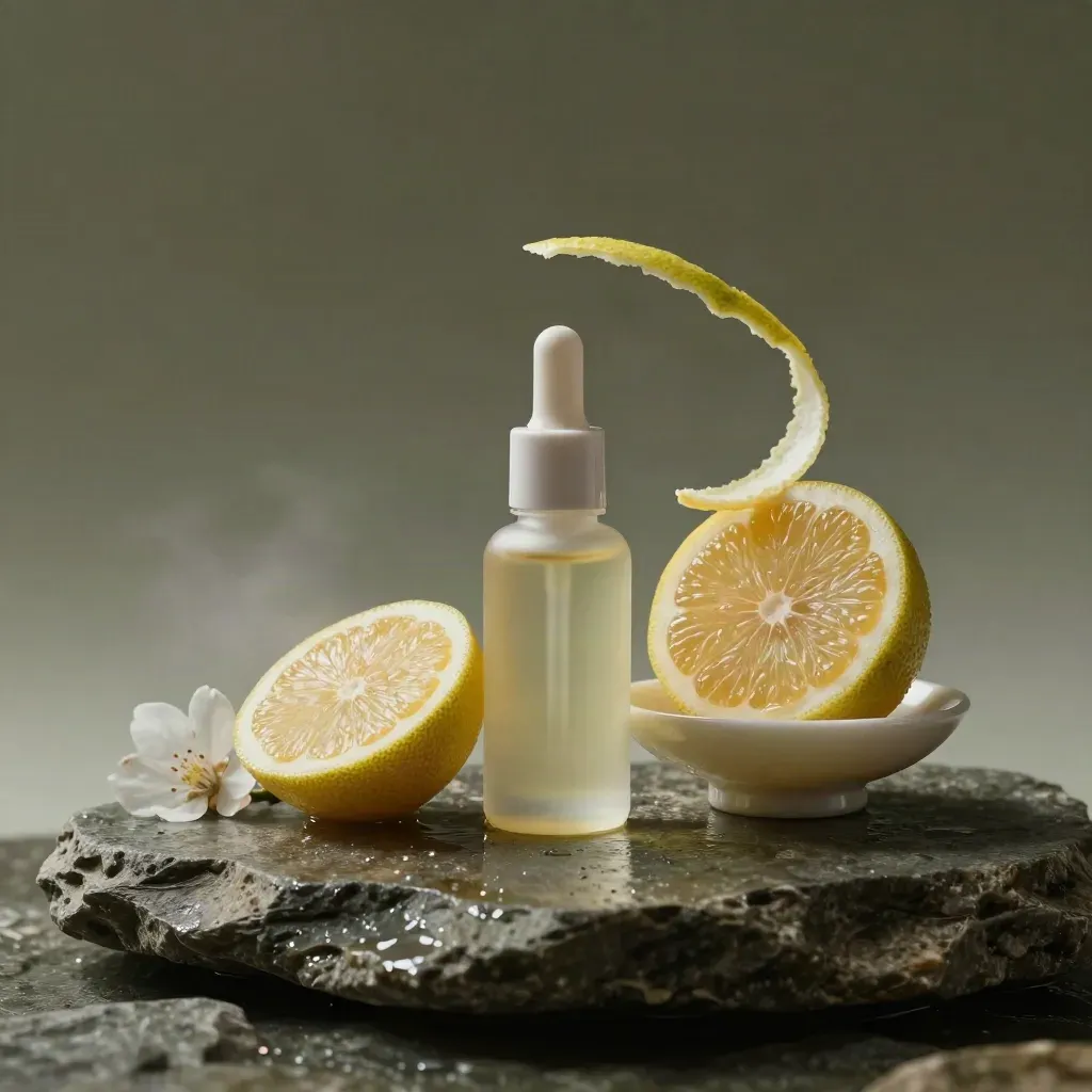 Macro of an unlabelled yuzu bottle, sliced yuzu, blossom and saucer on wet limestone.