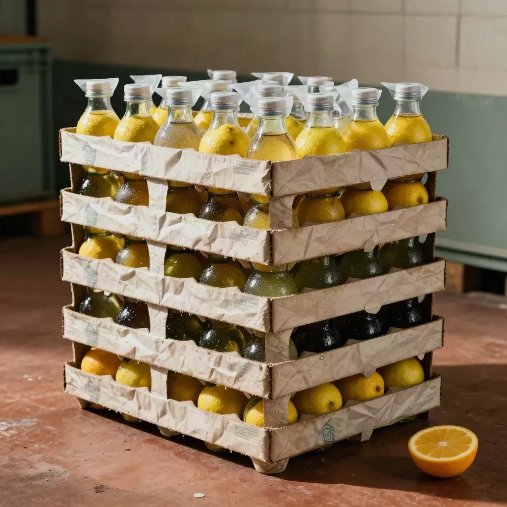 Stacked lemon beverage trays with open flap, citrus wheels, and gel packs in a warehouse-lit hero shot.