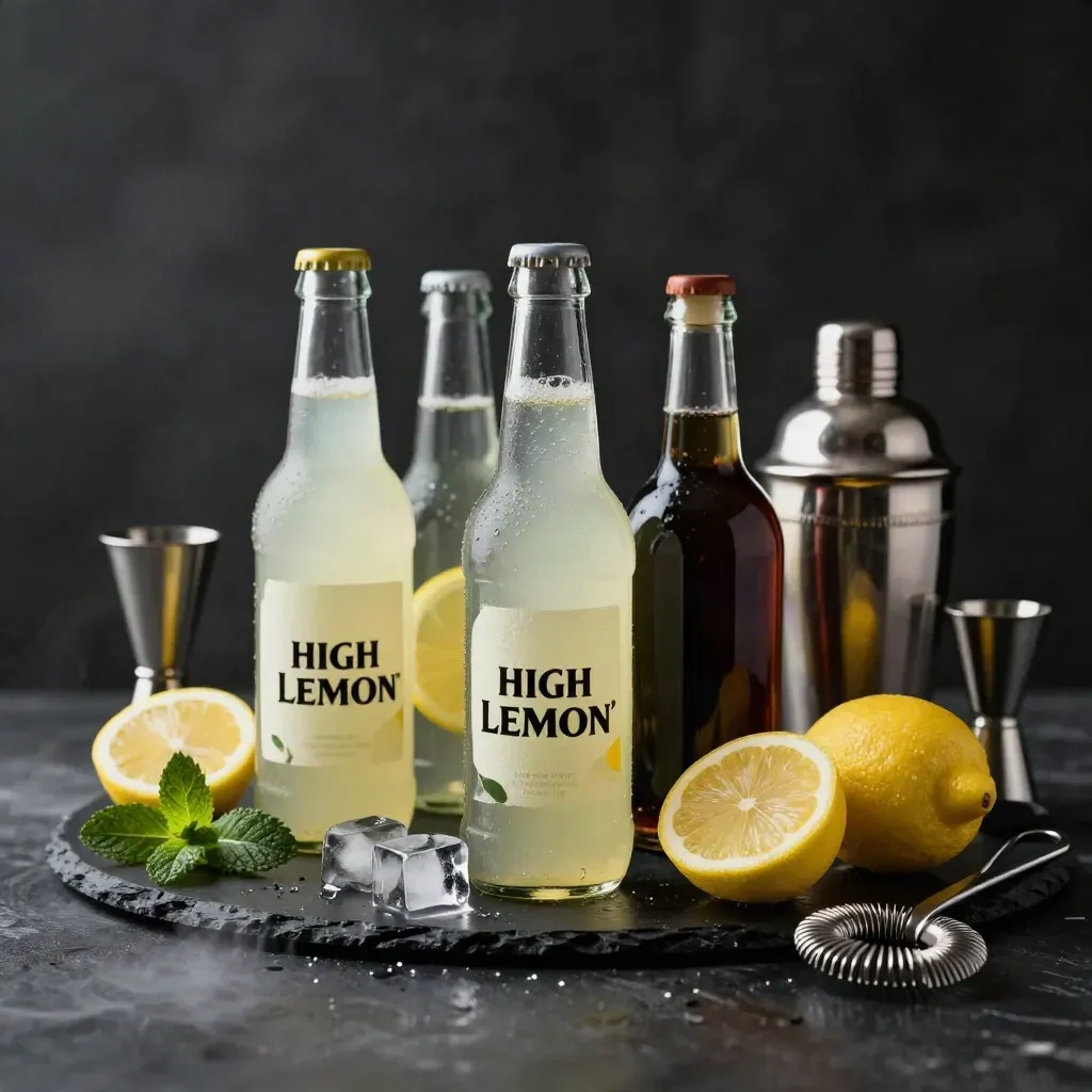 Bar starter pack with lemonade, soda, syrup, ice, mint and lemon halves in a dark studio still life.