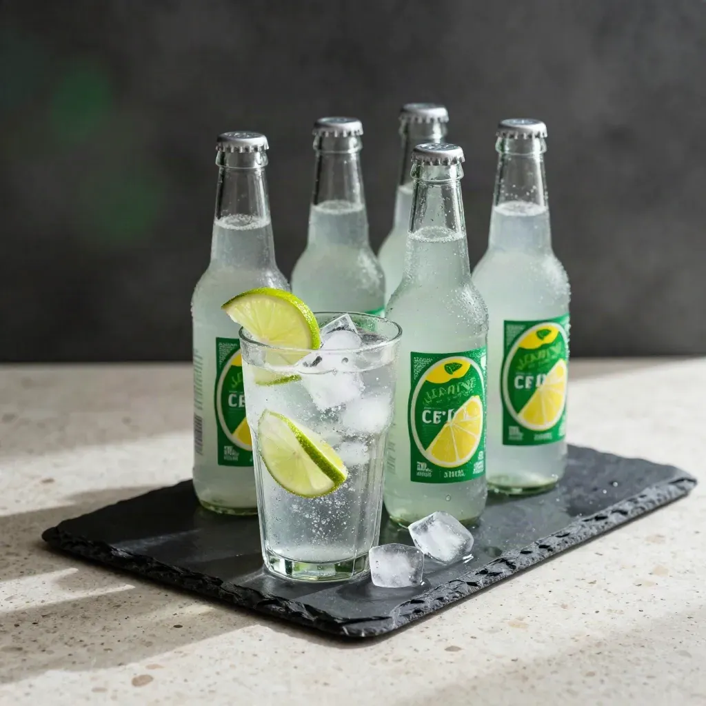 Unbranded lemon-lime soda six-pack on slate tray with glass, ice and lime slices