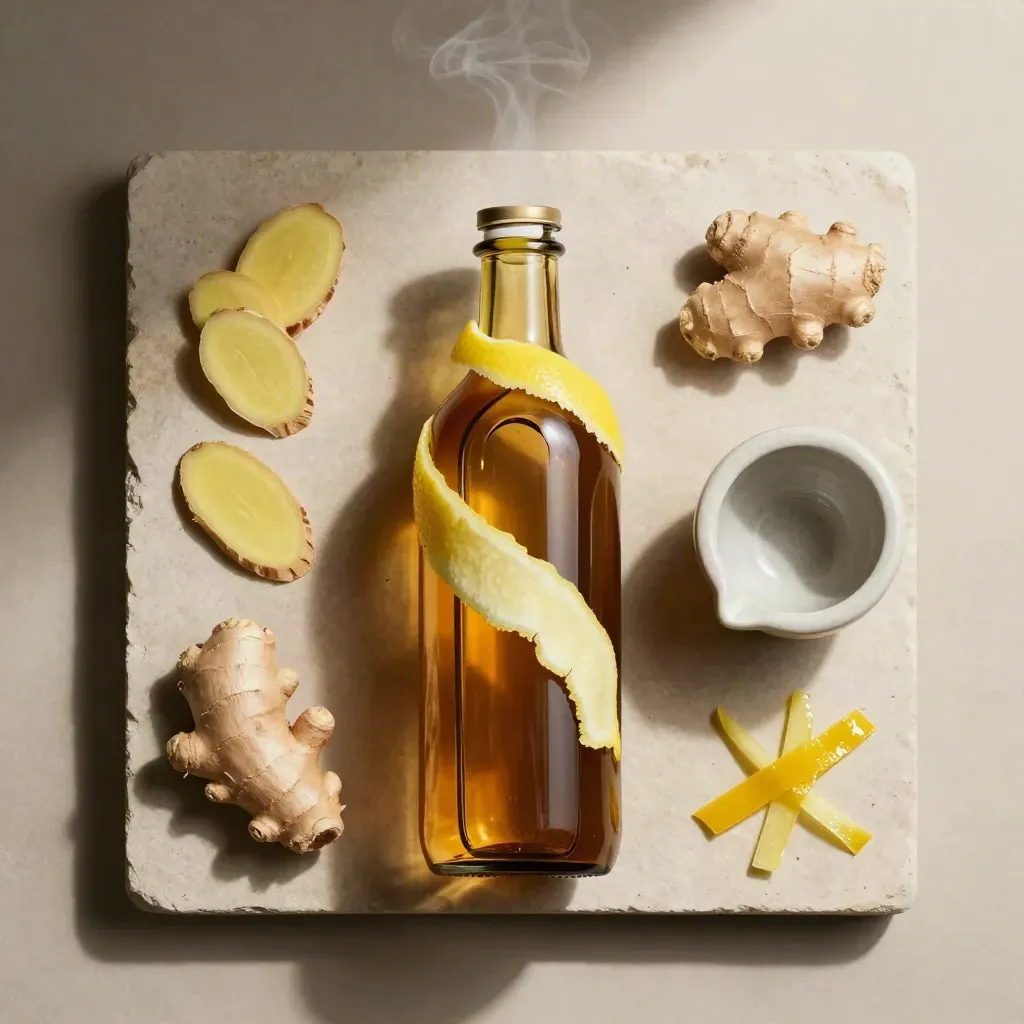 Overhead flatlay of a ginger lemon mixer bottle with ginger slices, lemon peel, and a small mortar on stone.
