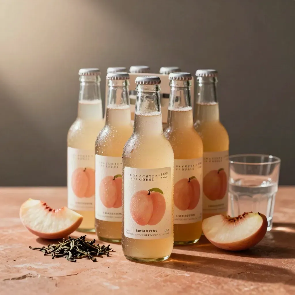 Low-angle hero of eight peach lemon iced tea bottles with peaches, tea leaves and glassware.