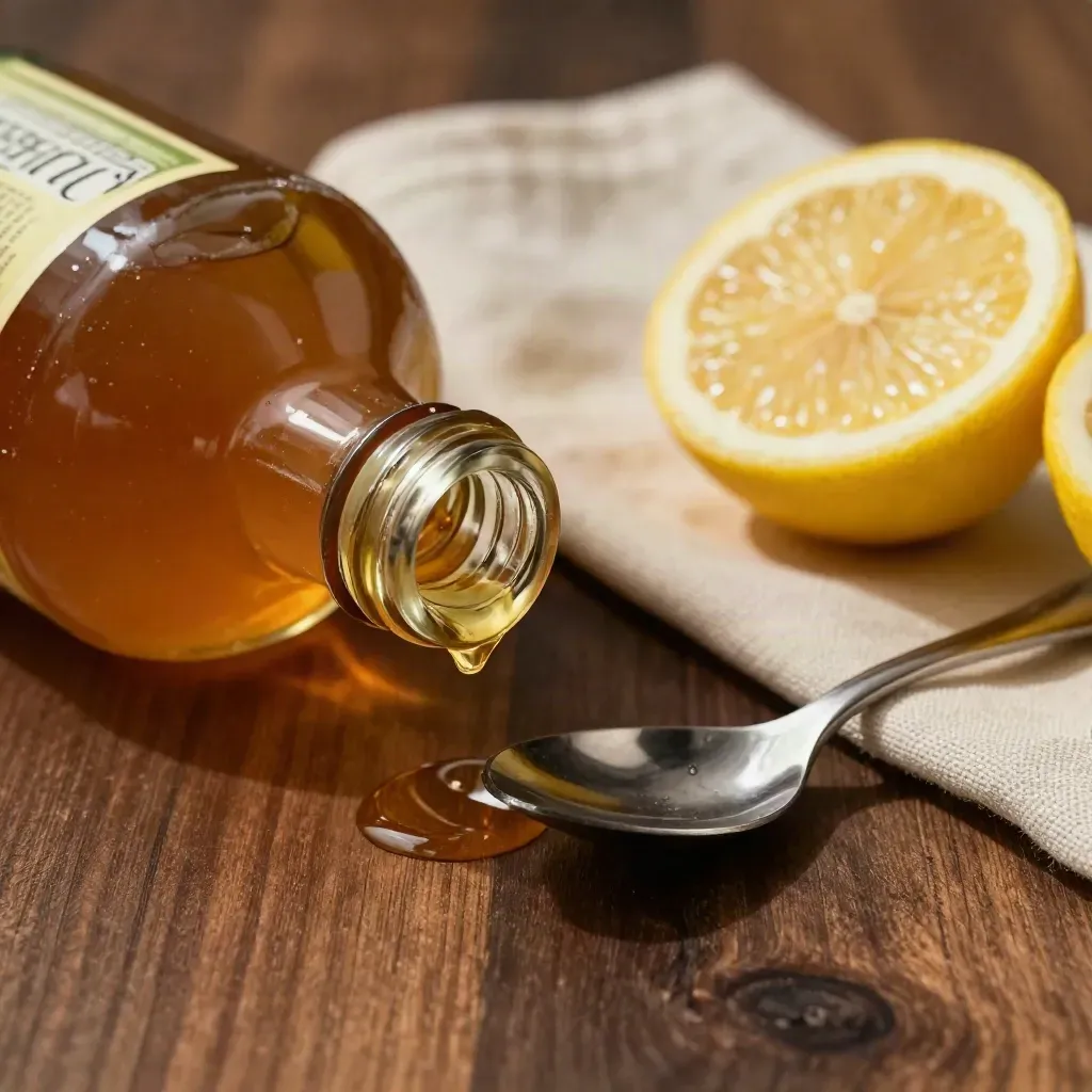 Amber lemon syrup bottle, spoon drip, cut lemons, cream linen, and dark wood in dramatic macro.