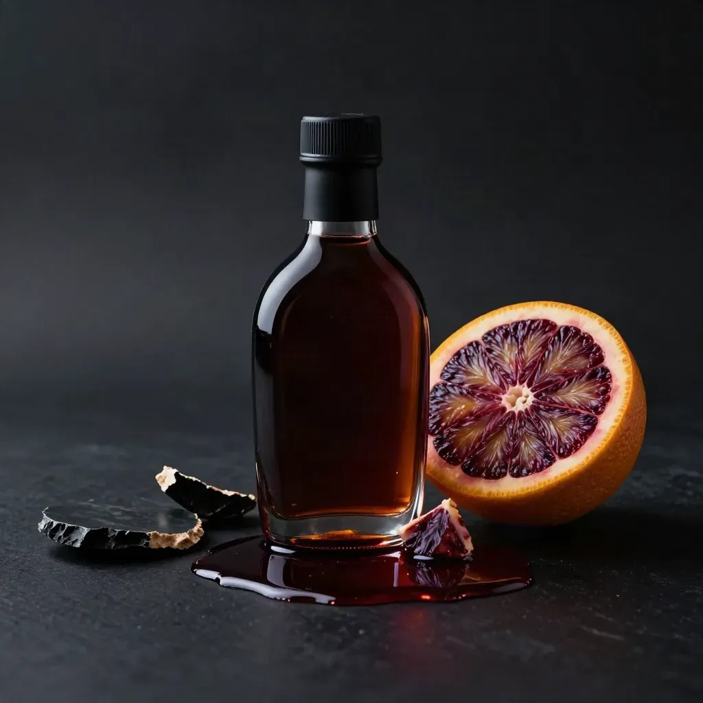 Dark blood orange bottle with sliced citrus and a glossy spill on black stone.