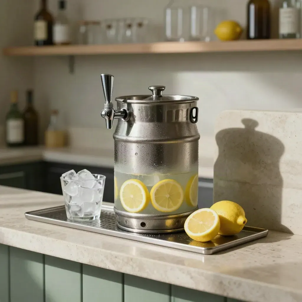 Stainless cafe lemonade keg with tap, ice bucket, lemon slices and tray in a cool prep area.