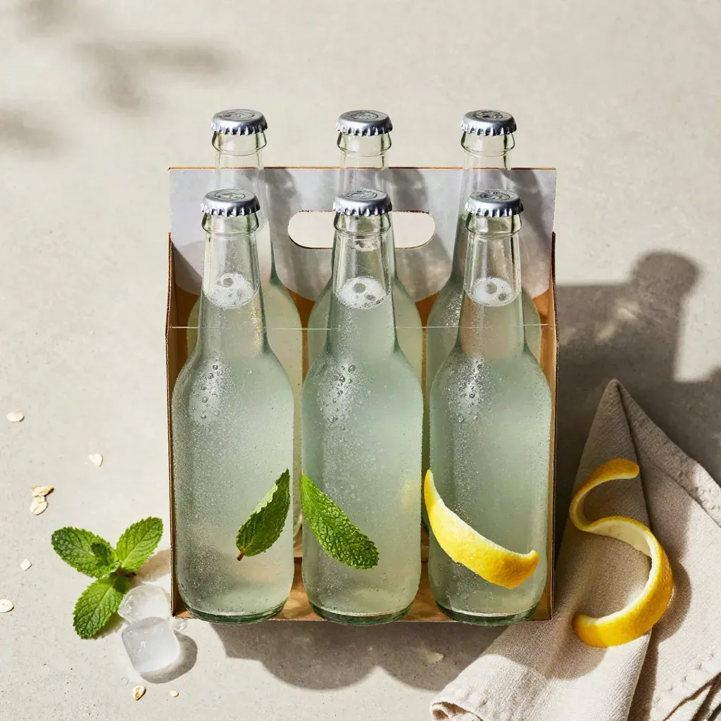 Overhead flatlay of six chilled mint lemon bottles with ice, mint sprigs, and a folded towel on concrete