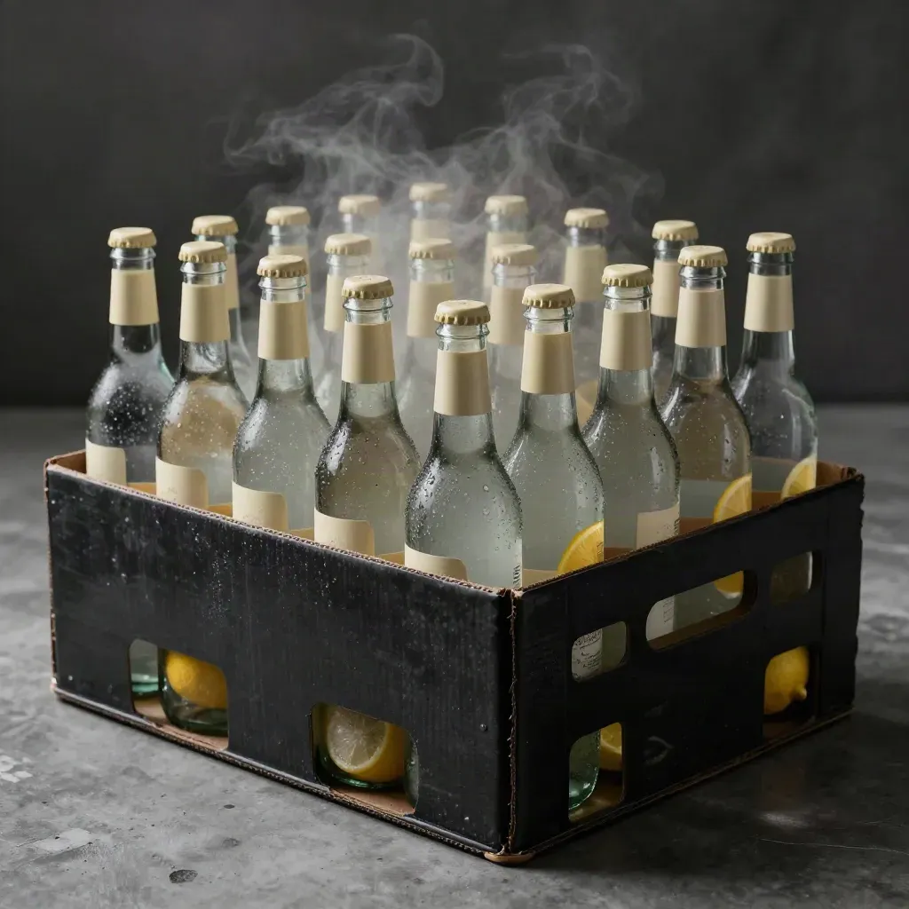 Chilled citrus bottles stacked in charcoal crates with lemon wheels and tumblers.