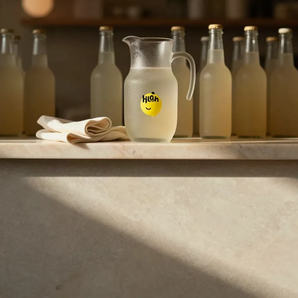 Sunlit marble shelf with a frosted pitcher and blurred bottles above a calm stone surface.