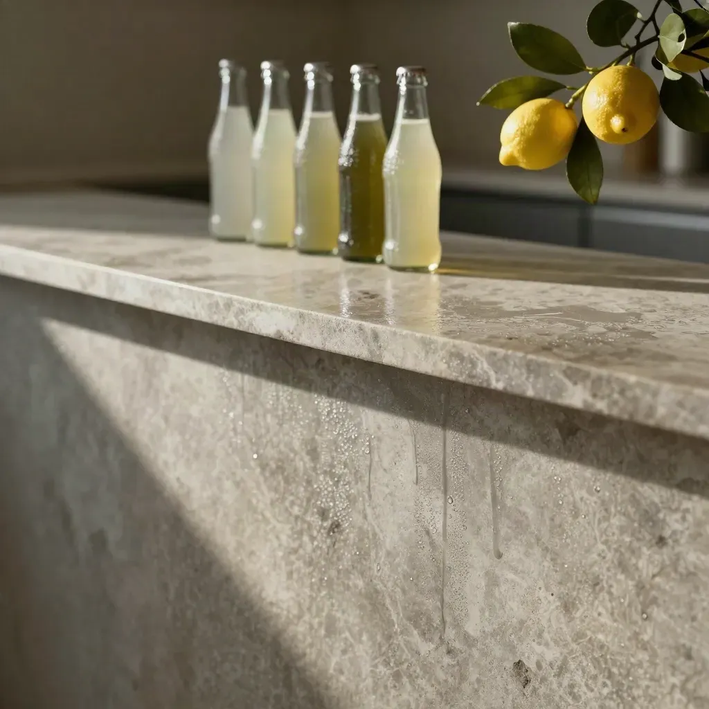 Brushed stone counter with soda bottles and lemon branch in soft sunlight.