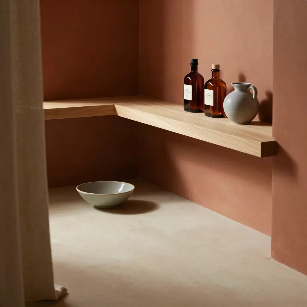 Sunlit wood-shelf drink nook with syrup bottles, ceramic vessels, and calm copy space