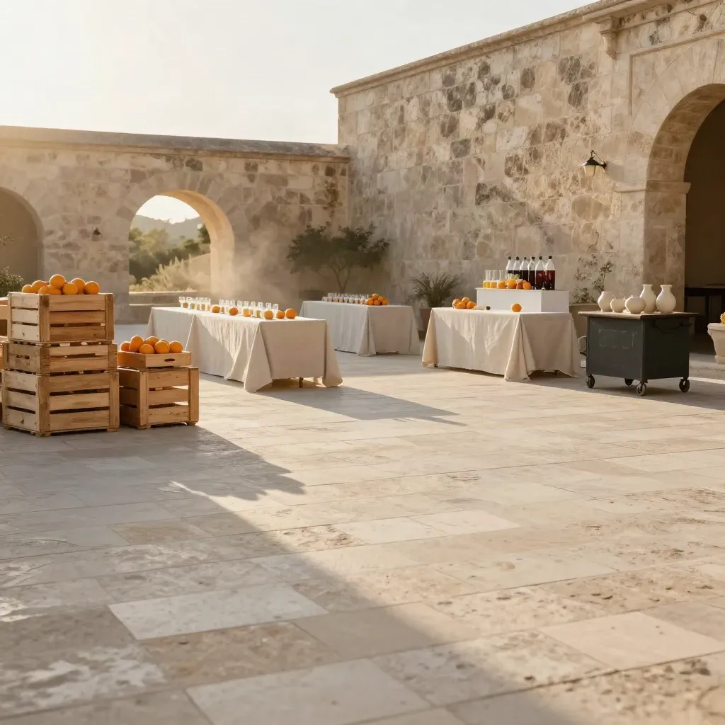 Golden hour citrus courtyard with crates, linen tables and a distant beverage station on a calm terrace.