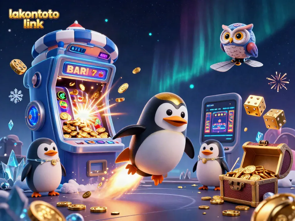 Melacak jalur emas dengan lakontoto link, penguin berpowered roket dan mesin slot berjatuhan koin.