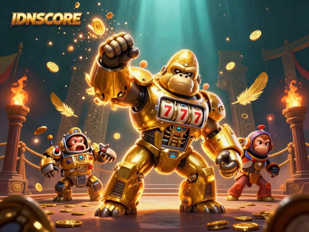 IDNSCORE showcases an exciting 3D cartoon illustration of a golden gorilla mech symbolizing sportsbook fun.