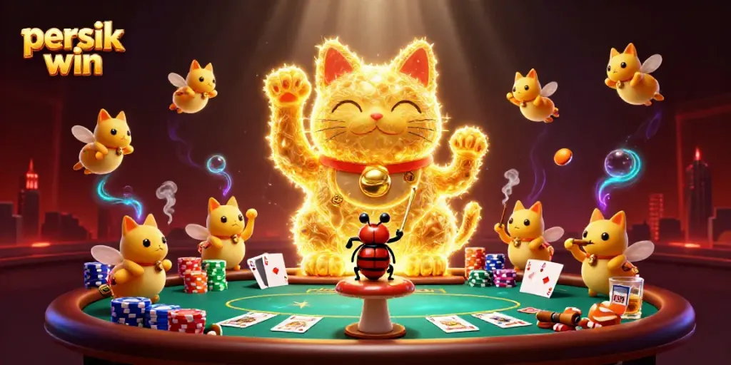 Persik win menampilkan kucing keberuntungan yang dikelilingi elemen kasino dalam ilustrasi 3D yang menakjubkan.