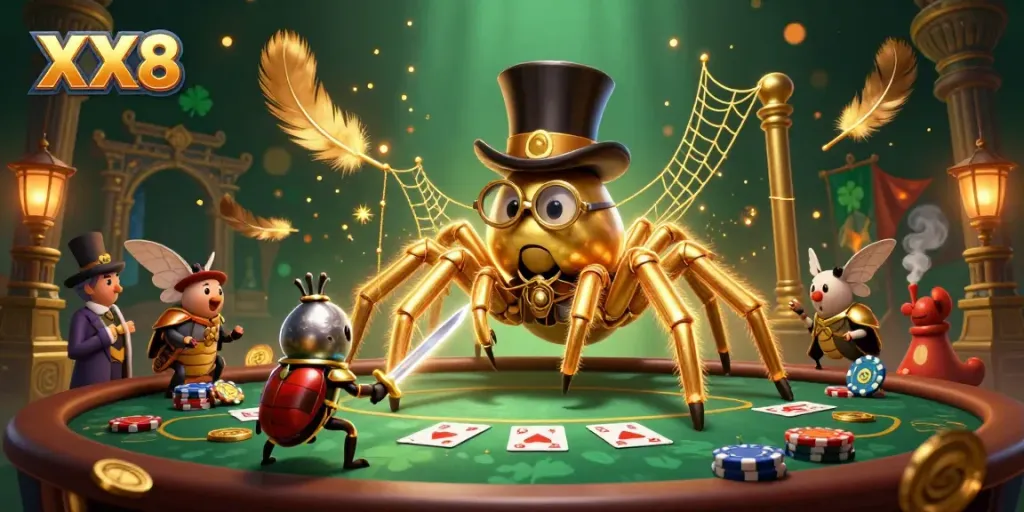 Witness the thrilling action of XX8 as a golden tarantula weaves a fortune in a casino.
