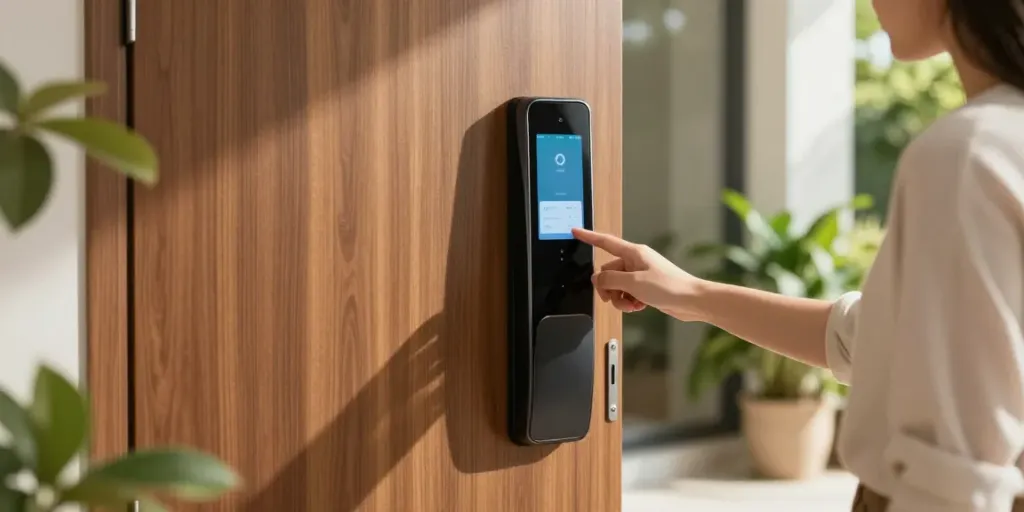 Contemporary smart lock at home entrance with remote access feature, emphasizing قفل هوشمند.